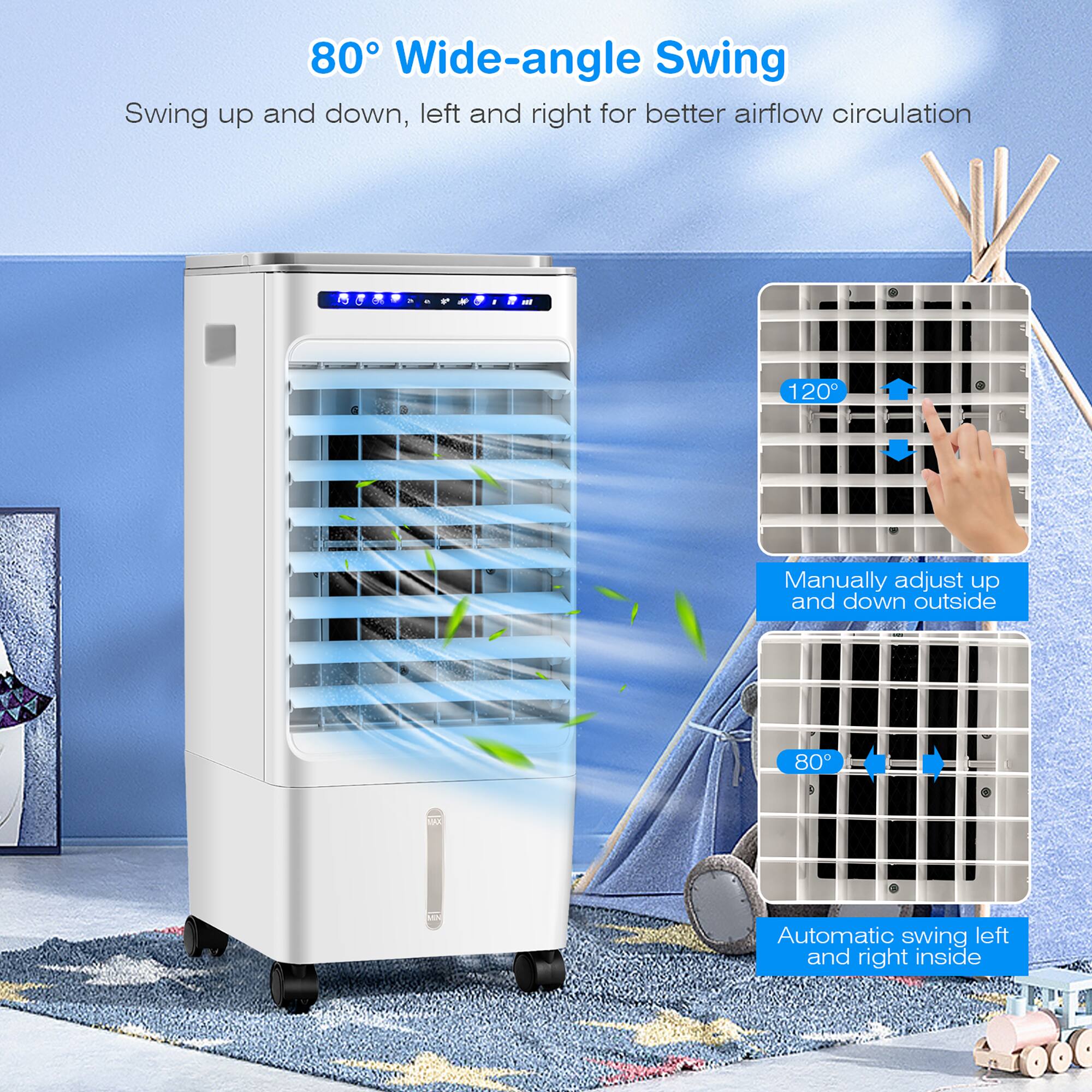 The image features a white appliance with a blue background. The appliance is described as an 80 Wide-angle Swing, which allows for better airflow circulation by swinging up and down, left and right. Additionally, there is a 120 Manual Adjust feature that allows for manual adjustment of the appliance outside. The appliance also has an 80 VAA Automatic Swing feature that enables automatic swinging of the appliance left and right inside.