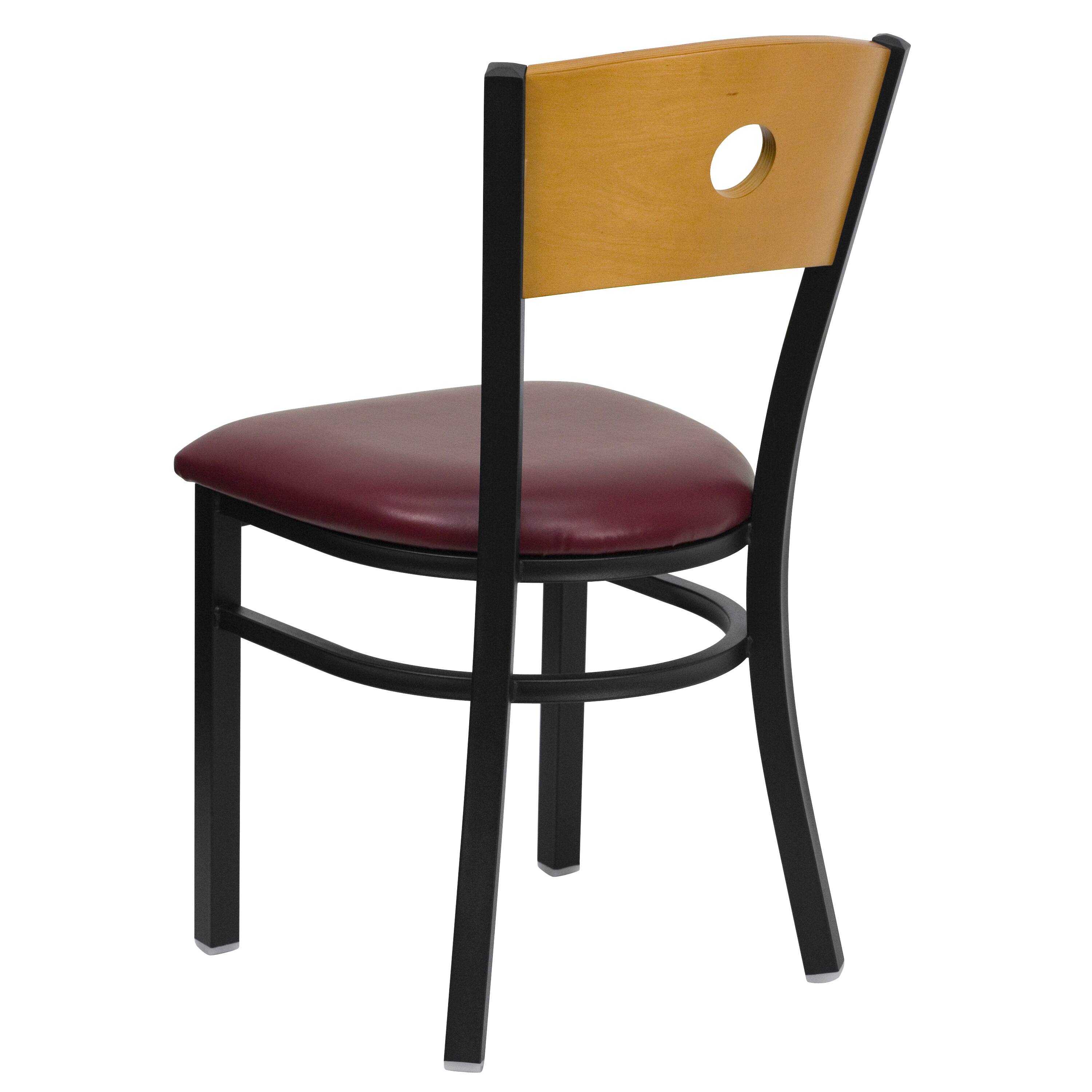 Alt View 3. Emma + Oliver - Wood Circle Back Metal Restaurant Dining Chair - Natural Wood Back/Burgundy Vinyl Seat/Black Metal.