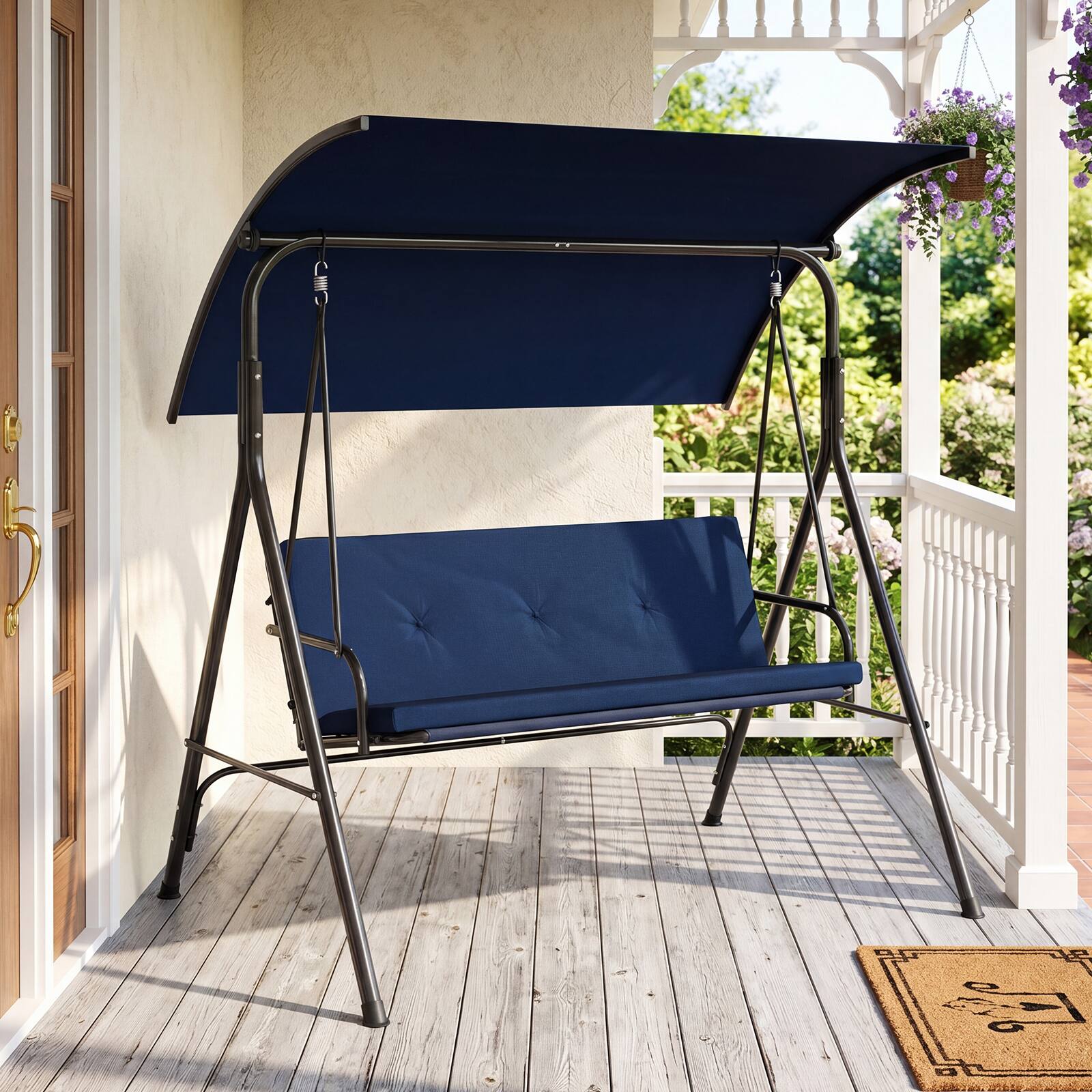 Alt View 3. Costway - Costway Swing Chair with Adjustable Canopy,Swing with Removable Cushion&Heavy-duty Metal Stand - Navy.