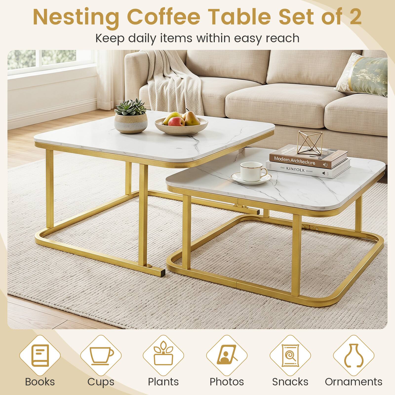 Nesting Coffee Table Set of 2  
Keep daily items within easy reach  

Modem Architecture - KINTOLK  

Books  
Cups  
Plants  
Photos  
Snacks  
Ornaments