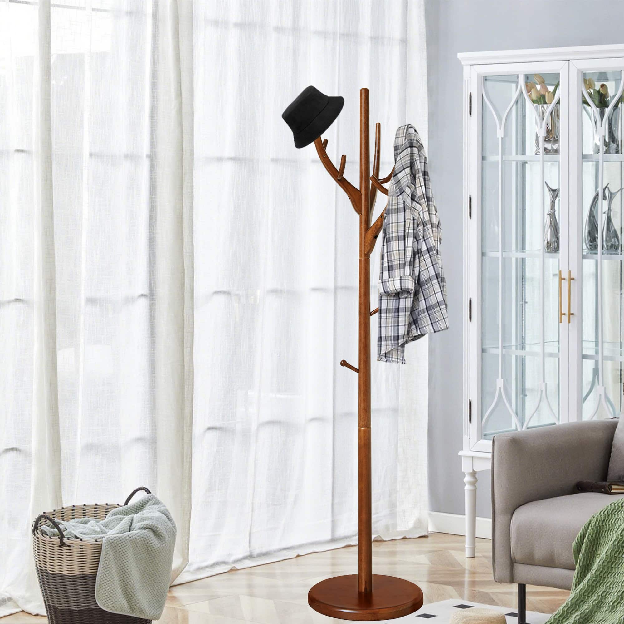 Chateau Abodes - Wood Coat Rack Freestanding with 12 Hooks, Tree Branch Design & Sturdy Base for Entryway, Hallway, Bedroom - Walnut