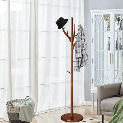 Front. Chateau Abodes - Wood Coat Rack Freestanding with 12 Hooks, Tree Branch Design & Sturdy Base for Entryway, Hallway, Bedroom - Walnut.
