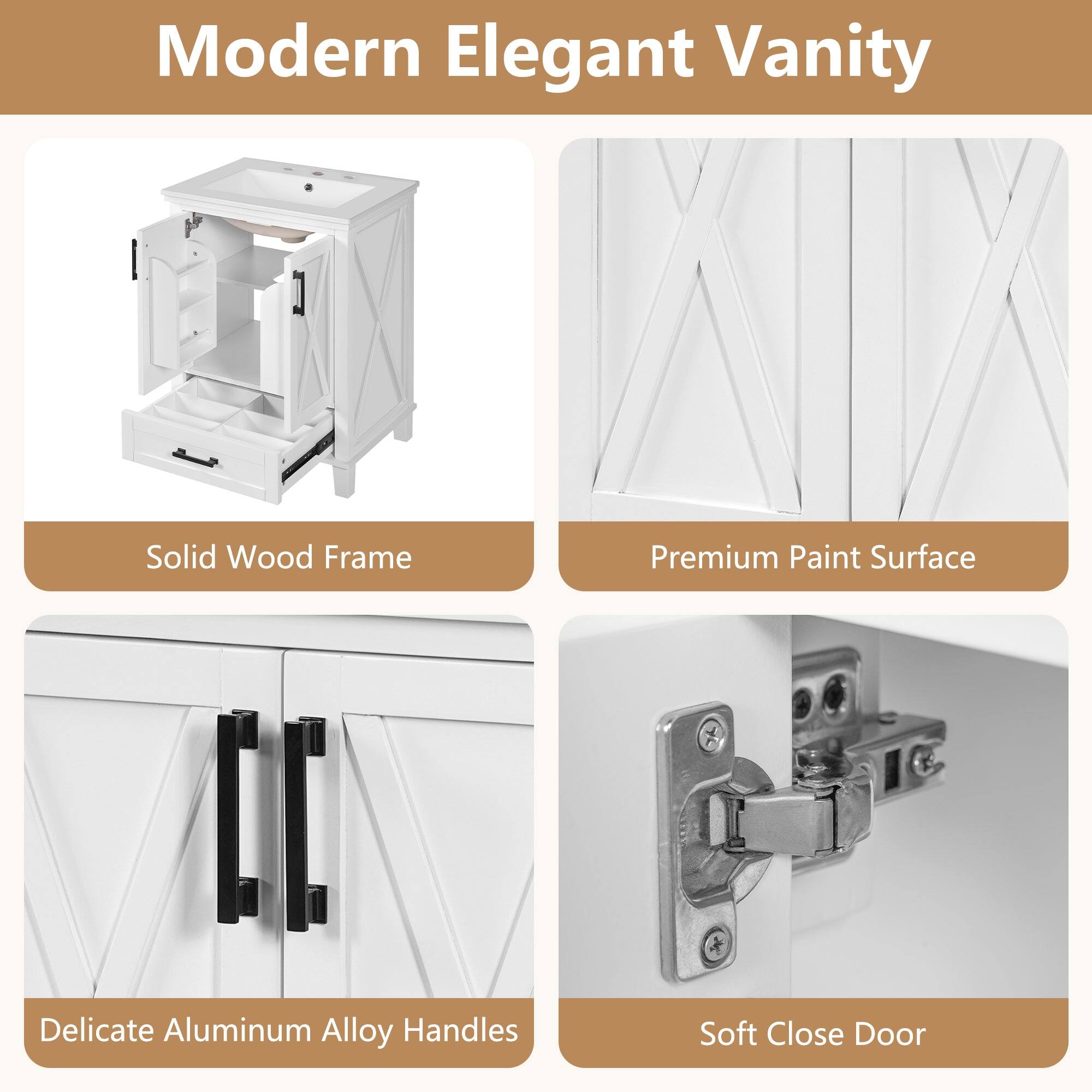 Modern Elegant Vanity

- Solid Wood Frame
- Premium Paint Surface
- Delicate Aluminum Alloy Handles
- Soft Close Door