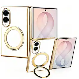 Dteck - Electroplated Frame Case for Samsung Galaxy Z Fold8 with Kickstand, Magnetic Clear Rigid Plastic Hinge Protection Cover - Gold