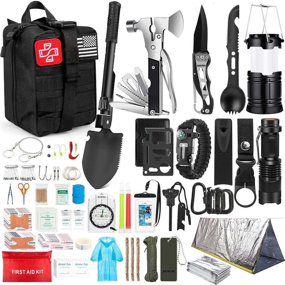 PARKER SLATER - 254-in-1 Survival & First Aid Kit, Hatchet, Shovel, Flashlight, Camping & Hiking Gear - Black
