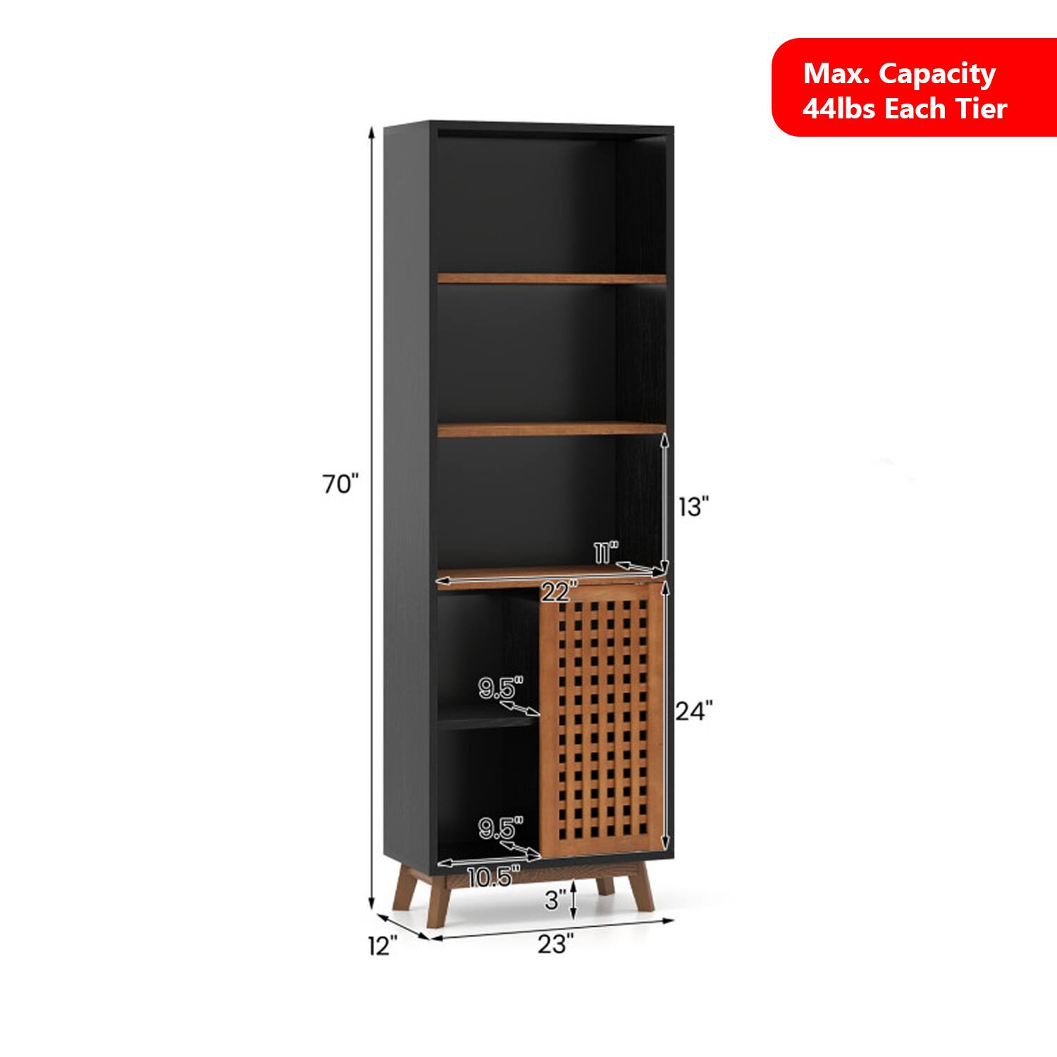 Max. Capacity 44lbs Each Tier  
70" 11" 22" 13" 9.5" 24" 9.5" 12" 10.5" 3" 23"