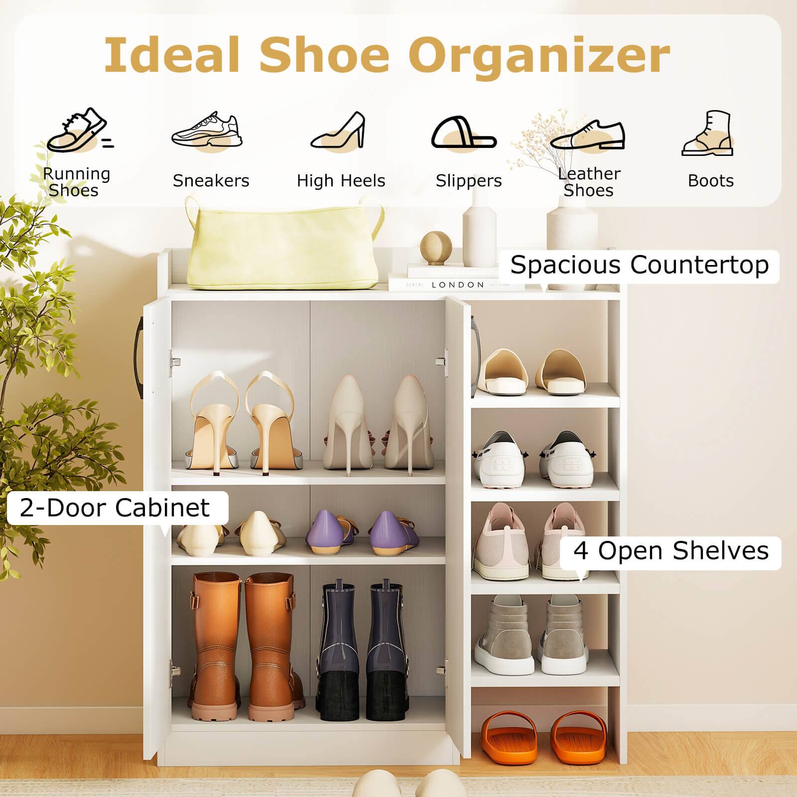 Ideal Shoe Organizer = Running Shoes Sneakers High Heels Slippers Leather Shoes Boots  
Spacious Countertop  
2-Door Cabinet  
4 Open Shelves