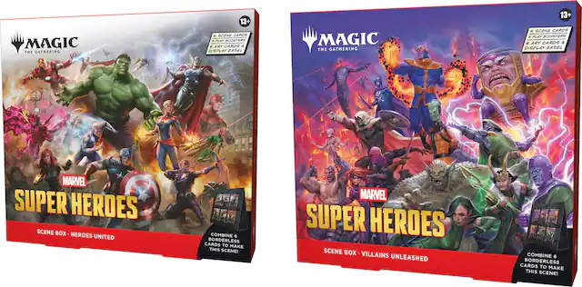 MAGIC THE GATHERING 13+ 6 SCENE CARDS, PLAY BOOSTERS 6 ART CARDS & DISPLAY EASEL MAGIC THE GATHERING 13+ G SCENE CARDS, PLAY BOOSTERS 6 ART CARDS & DISPLAY EASEL A MARVEL SUPER HEROES SCENE BOX HEROES UNITED COMBINE 6 BORDERLESS CARDS TO MAKE THIS SCENE! MARVEL SUPER HEROES SCENE BOX VILLAINS UNLEASHED COMBINE 6 BORDERLESS CARDS TO MAKE THIS SCENE!