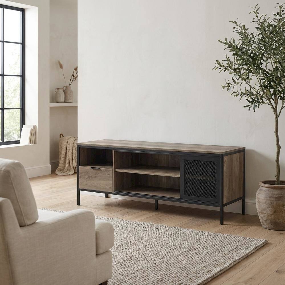 Alt View 2. FurniFact - Industrial-style TV stand in Rustic Oak and Black finish with metal accents - Gray.