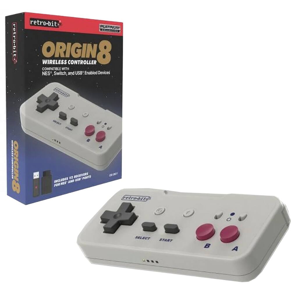 retro-bit PLATINUM ORIGIN8 WIRELESS CONTROLLER COMPATIBLE WITH NES™, Switch, and USB® Enabled Devices

INCLUDES 2X RECEIVERS FOR NES® AND USB® PORTS

SELECT START B A