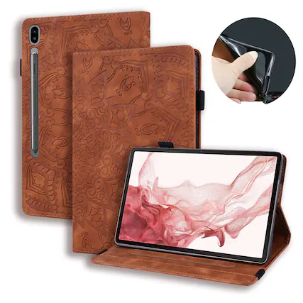Front. Dteck - Case for Samsung Galaxy Tab S10 Ultra & S9 Ultra & S8 Ultra (X920/X910/X900),Shockproof Embossed PU Leather Folio Cover - Brown.
