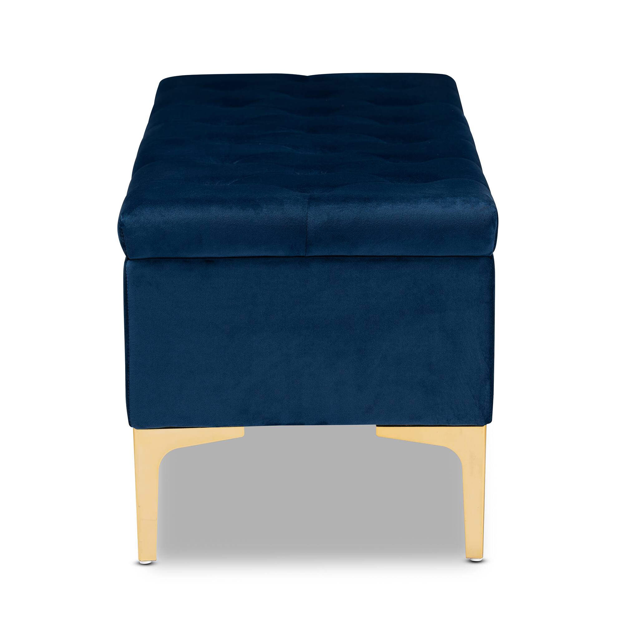 Back. Baxton Studio - Valere Glam and Luxe Velvet Fabric Upholstered Gold Finished Button Tufted Storage Ottoman - Navy Blue/Gold.