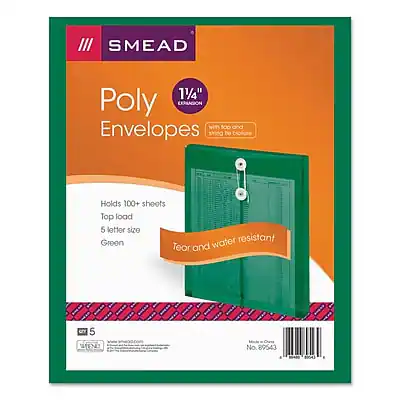 SMEAD
Poly 1 1/4" Expansion Envelopes
with Sop and Envelopes
Holds 100+ sheets
Top load
5 letter size
Green
Tear and water resistant
No. 89543