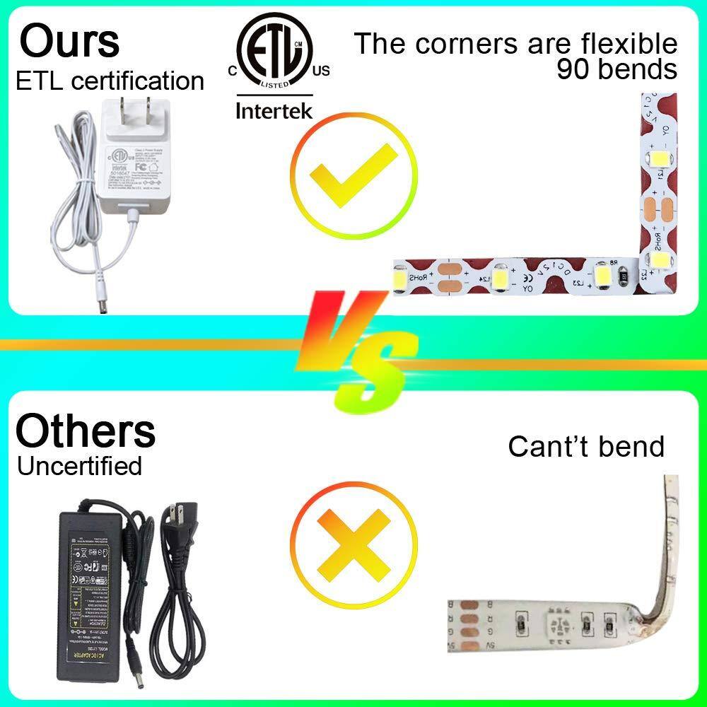 **Ours**
- ETL certification
- Intertek
- The corners are flexible 90 bends

**Others**
- Uncertified
- Can't bend