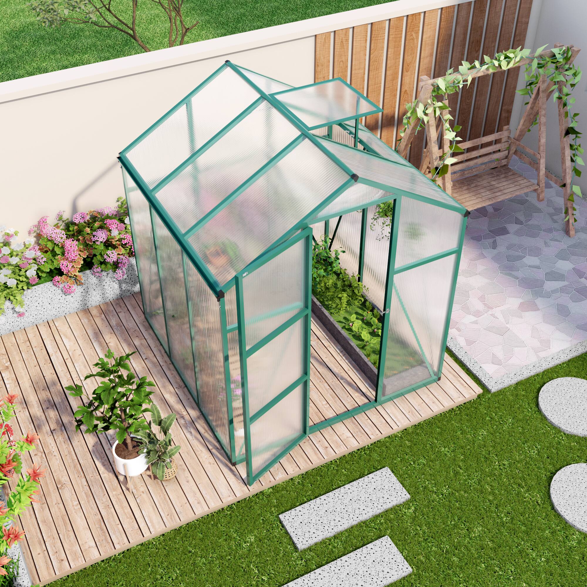 Left. Mondawe - 6x6 FT Polycarbonate Greenhouse with Raised Base and Anchor Aluminum, Gain Height Windproof Aluminum - Green.