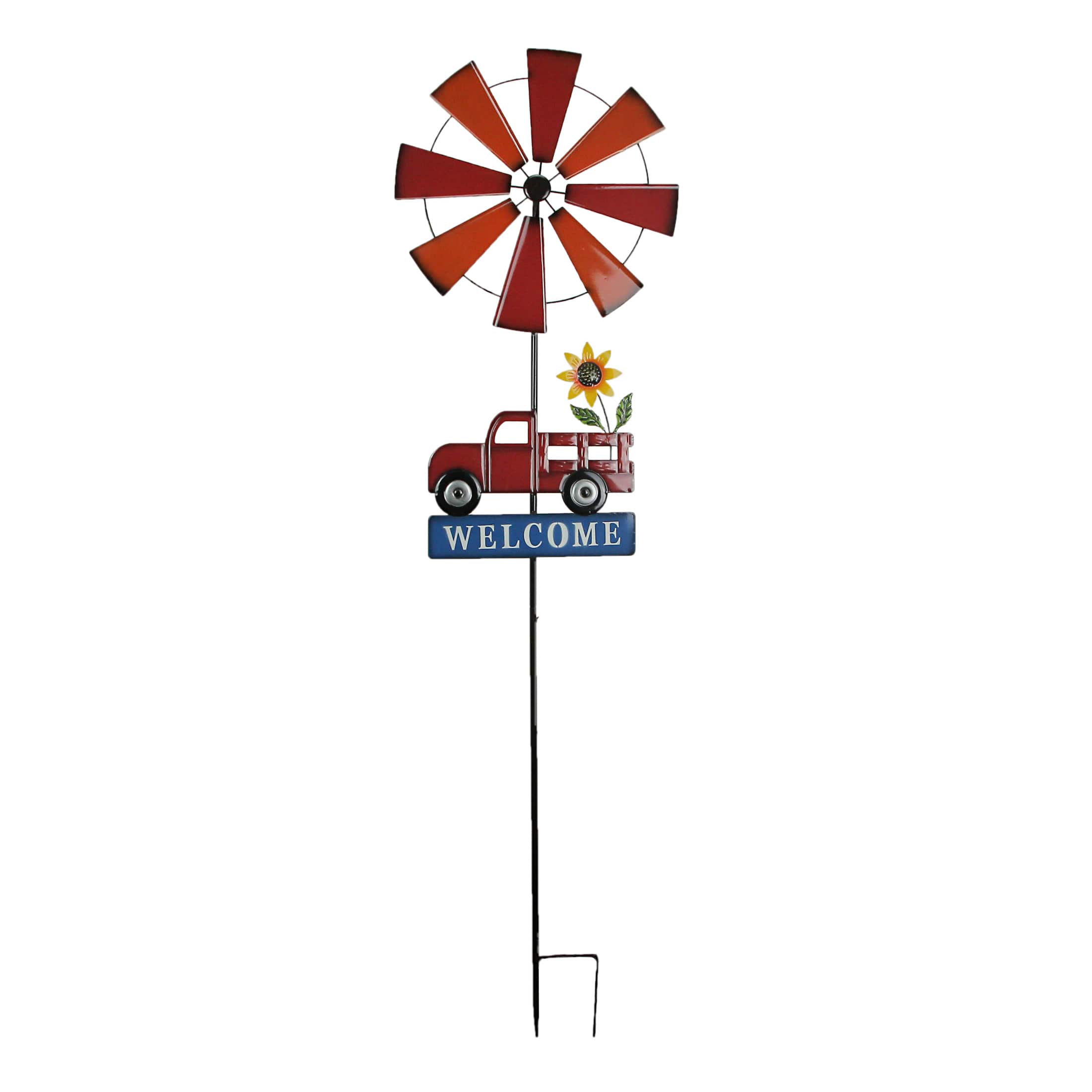 Direct International - Farmhouse Style Red Farm Truck Windmill Spinner Welcome Garden Stake 72 Inches Outdoor Décor - Multicolored