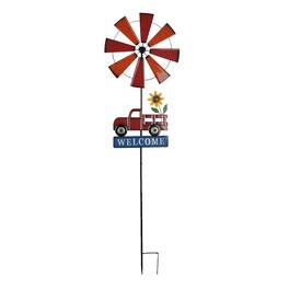 Direct International - Farmhouse Style Red Farm Truck Windmill Spinner Welcome Garden Stake 72 Inches Outdoor Décor - Multicolored