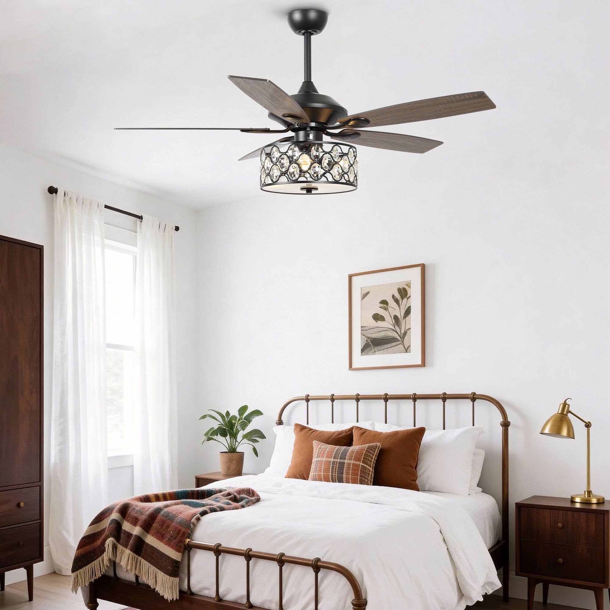 Alt View 1. Parrot Uncle - 52" Modern Silver 5-Blade Crystal Ceiling Fan with Remote Control - Black.