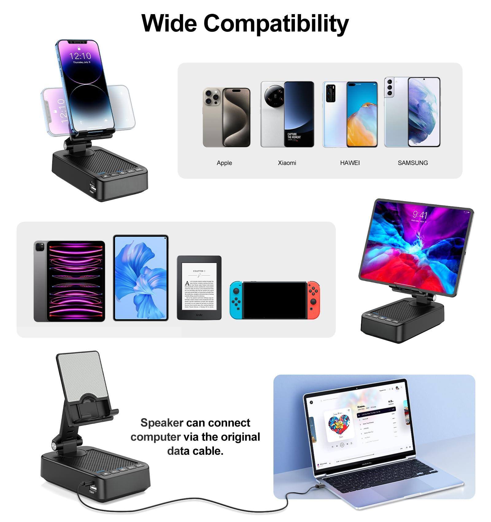 12:10 - Wide Compatibility  
12:10 - Apple Xiaomi HUAWEI SAMSUNG  
9:41 - A Speaker can connect computer via the original data cable.
