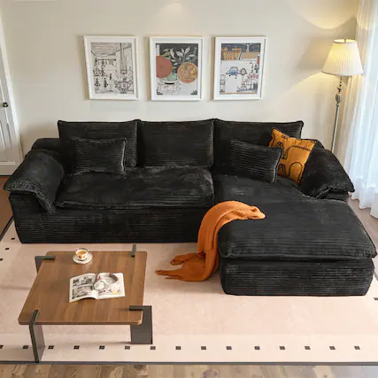 Front. Ovios - 112" Sectional Sofa with Chaise, L Shaped Corduroy Couch for Living Room - Black(Right Facing).