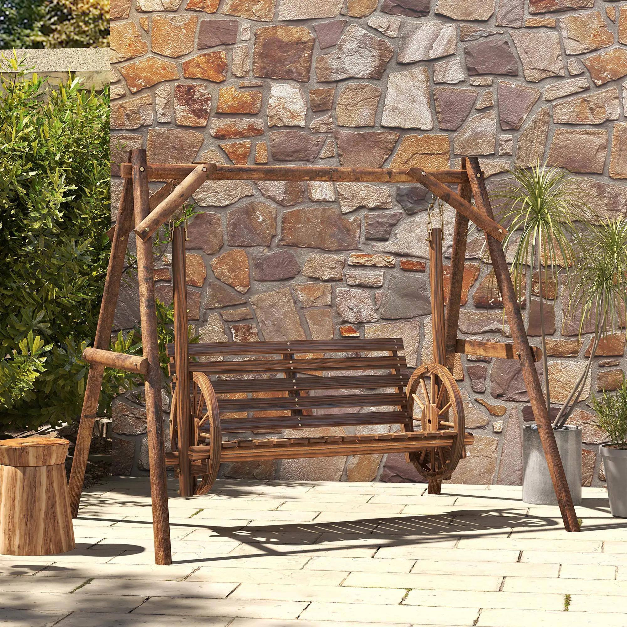 Left. Resenkos - Resenkos 2-Seat Swing With A-Frame Stand, Wooden Patio Bench, Carbonized Brown, Wagon Wheel Armrests， Carbonized.