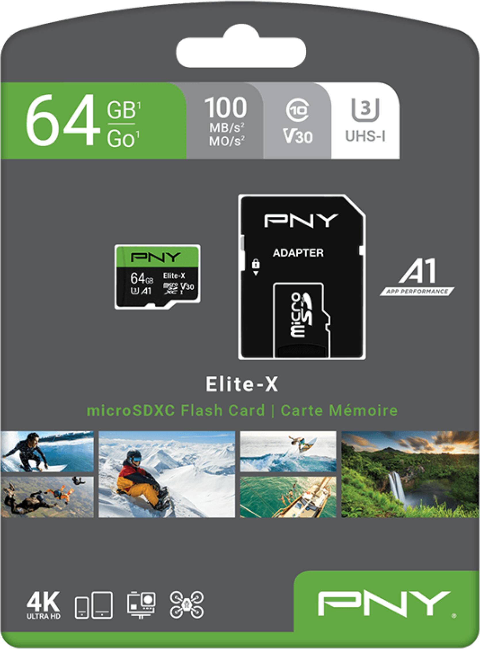 PNY Elite-X microSDXC Flash Card  
64 GB  
100 MB/s  
V30  
UHS-I  
A1  
4K ULTRA HD  
PNY Adapter