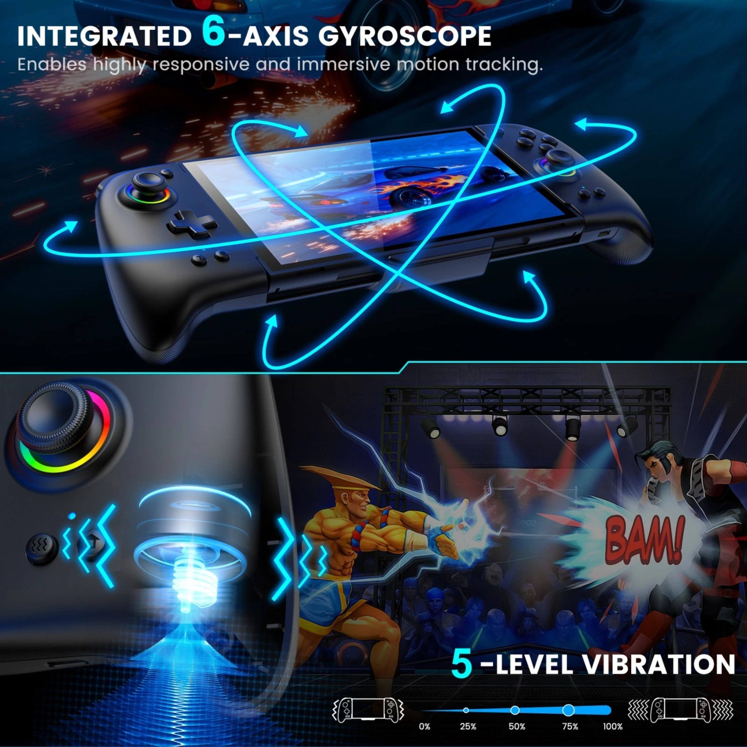 INTEGRATED 6-AXIS GYROSCOPE  
Enables highly responsive and immersive motion tracking.  

BAM!  
5-LEVEL VIBRATION  
0% 25% 50% 75% 100%