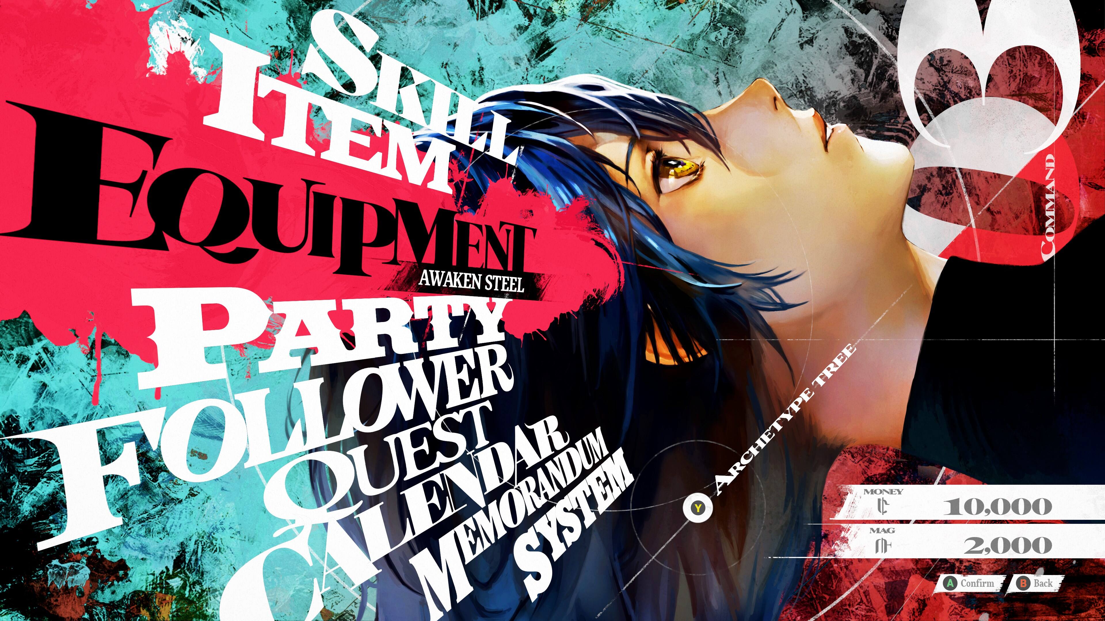 The text on the image reads: "Skill Equipment Party Follower Quest Ender Archetype Money Y I 10,000 C SYSTEM MAG 2,000 B Back."