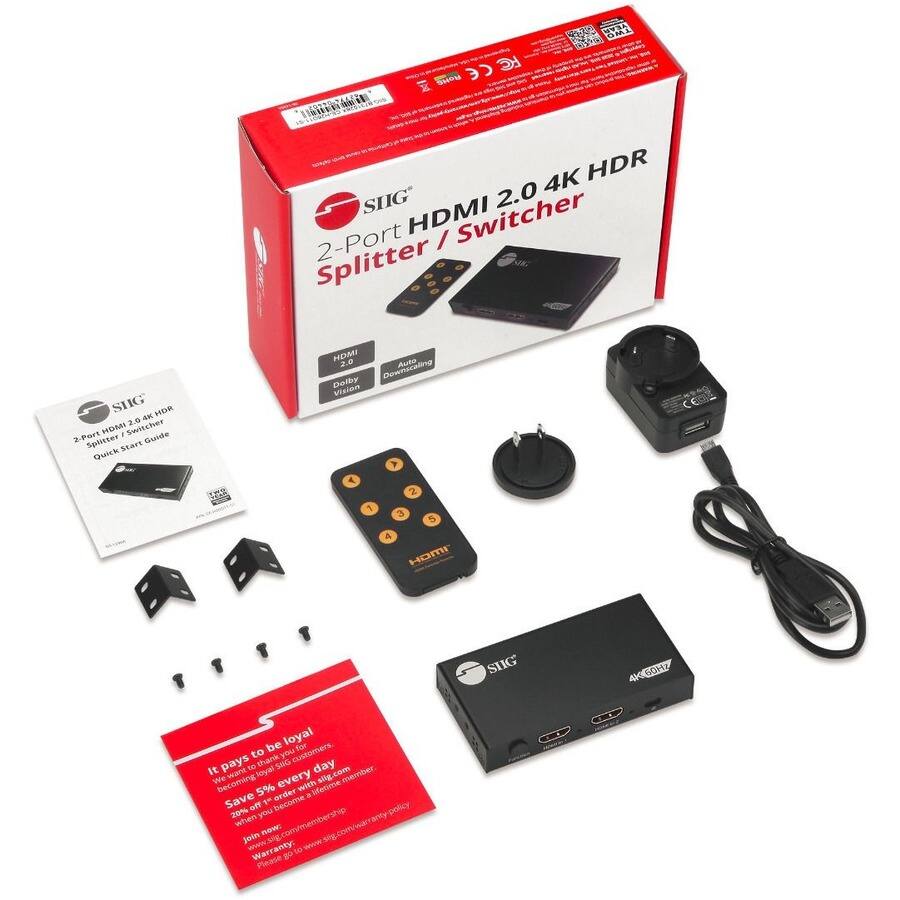 SIIG 4K HDR Switcher 2.0 2-Port HDMI Splitter Start Guide Quick

YEAR TWO 100 (( FC ROHS = CESHOROLI 4K HDR SIIG 2.0 2-Port HDMI / Switcher Splitter SUG HDMI 2.0 Auto Dolby Downscaling Vision

2 3 5 4 HDMI

SIIG 60HZ

be loyal for pays to to thankyou SNG customers. day It want slig.com member. We becoming loy 5% every with lifetime Save 1or become order a 20% off when you join - Warranty: now: sig.com/membership sig, go to www.silg.com/warranty-policy