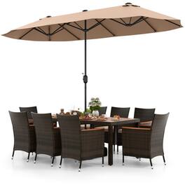 Mondawe - 10 Piece Outdoor Dining Set with 15 Feet Double-Sided Twin Patio Umbrella - Brown