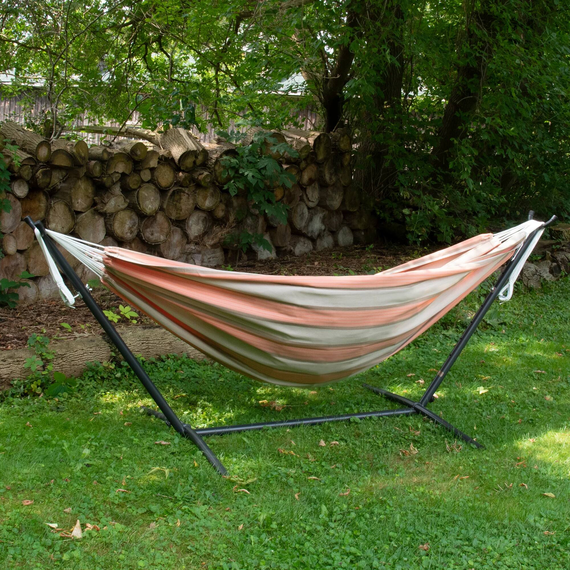 Alt View 3. Vivere - Vivere Double Sunbrella Hammock with Steel Stand, Portable Outdoor Lounge, Cameo - Cameo.