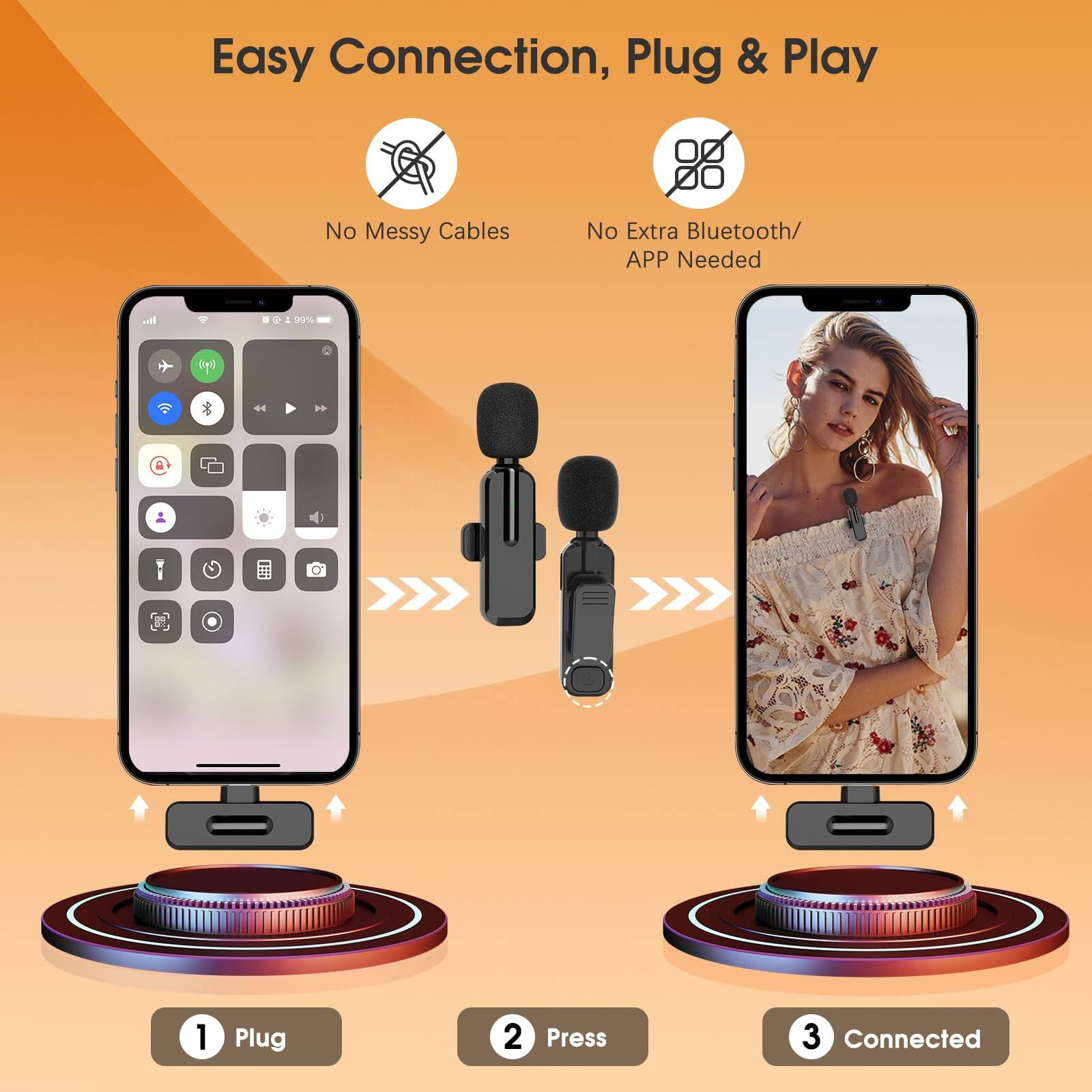 Easy Connection, Plug & Play

1. Plug
2. Press
3. Connected

No Messy Cables

No Extra Bluetooth/ APP Needed