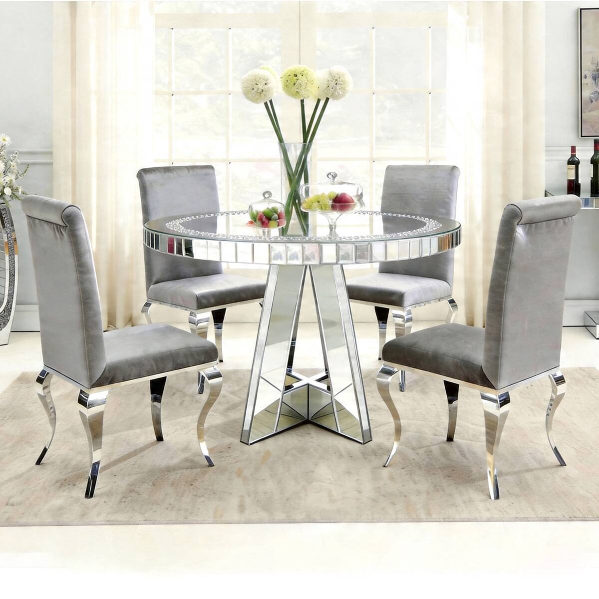 Left. Loheer - Loheer Round Mirrored Dining Table with Crushed Diamond Glass Top and Mirrored Base - Silver.