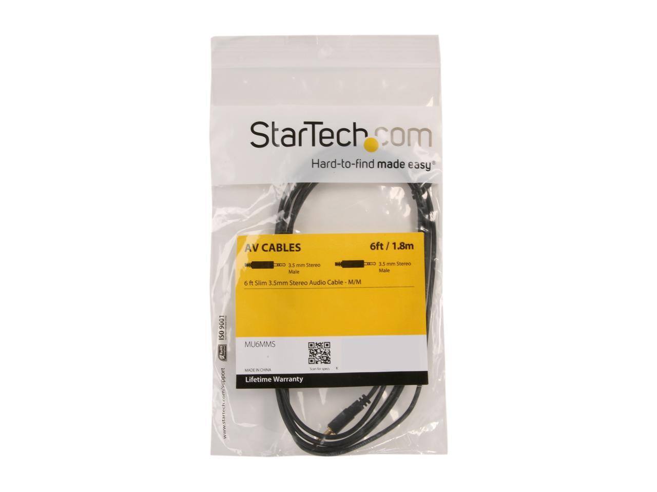 StarTech.com  
Hard-to-find made easy  

AV CABLES  
6ft / 1.8m  
3.5 mm Stereo Male to 3.5 mm Stereo Male  
6 ft Slim 3.5mm Stereo Audio Cable - M/M  
MU6MMS  
MADE IN CHINA  
Lifetime Warranty