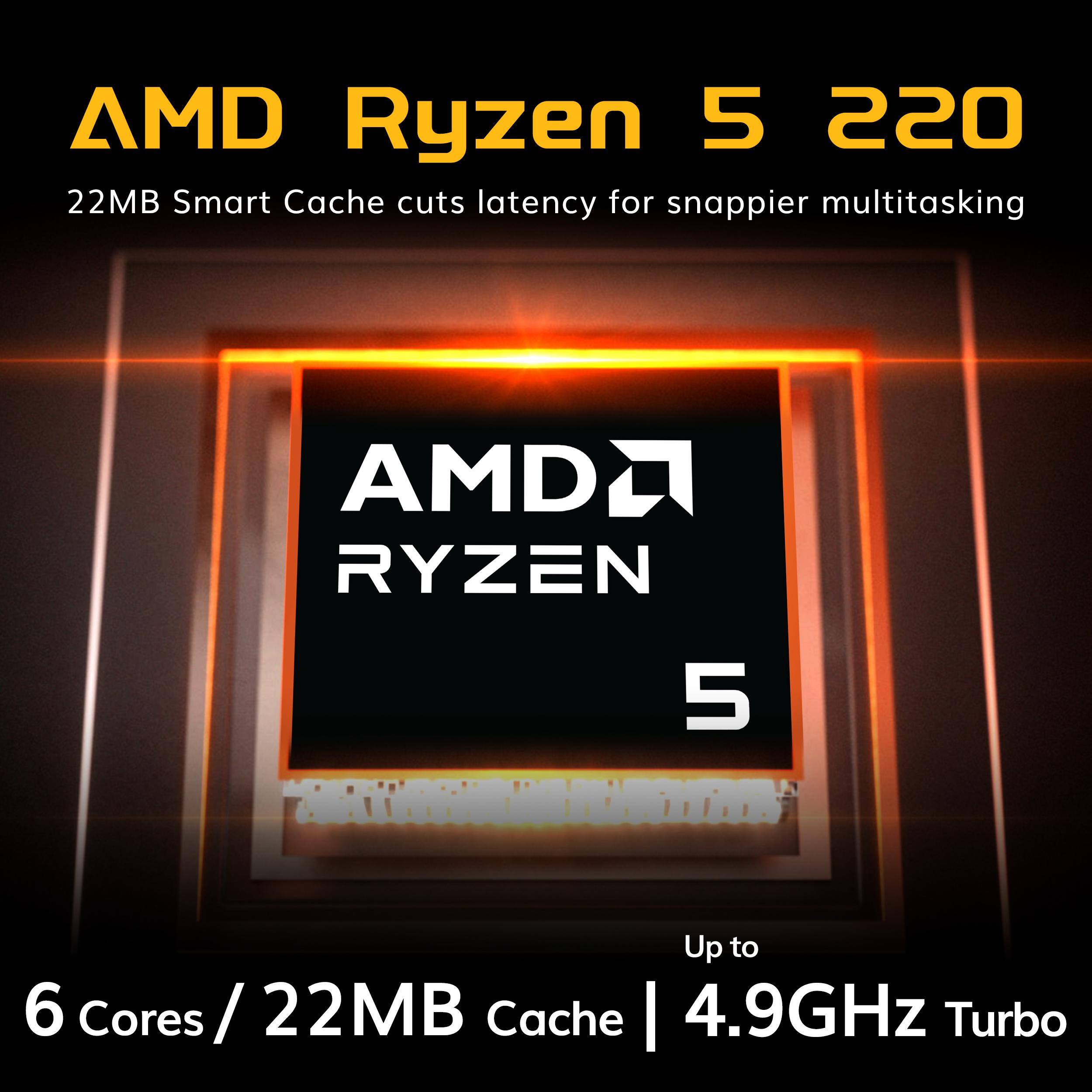 AMD Ryzen 5 2200G  
22MB Smart Cache cuts latency for snappier multitasking  
AMD RYZEN 5  
Up to 6 Cores / 22MB Cache / 4.9GHz Turbo