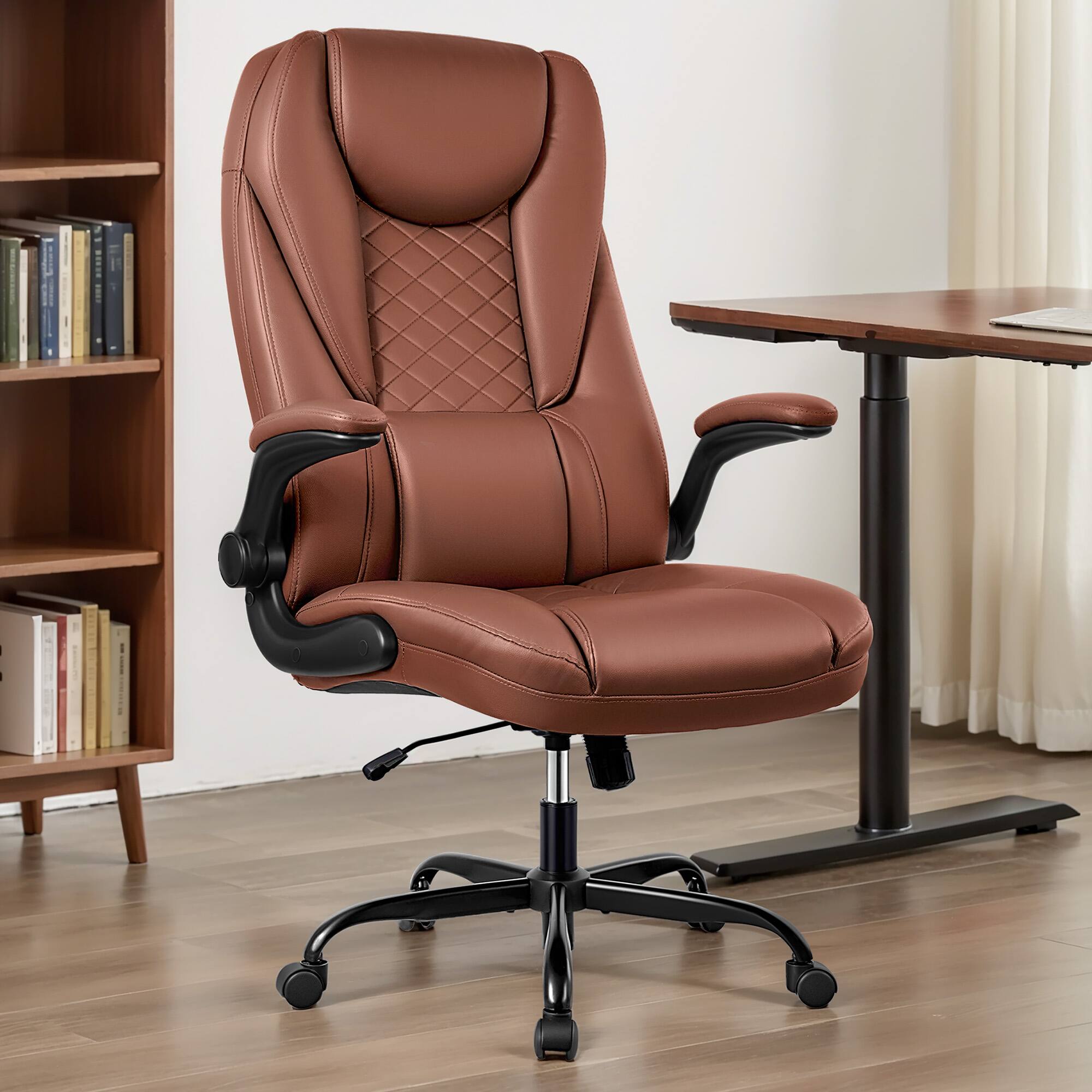 Alt View 3. KERDOM - Ergonomic PU Leather Chair with Flip-Up Arms, Executive Manager Chair, High Back Home Office Desk Chair Computer Chair - Brown.