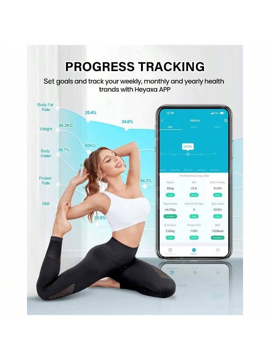 **PROGRESS TRACKING**

Set goals and track your weekly, monthly and yearly health trends with Heyaxa APP

- Body Fat Rate: 25.4%
- Weight: 65.2KG
- Body Water: 58.7%
- Protein Rate: 54.3%
- BMI: 23.8%

**Day History**

- Weight: 63kg
- BMI: 22.8
- Body Fat Rate: 24.6%
- Muscle Mass: 44.70kg
- Visceral Fat Index: 3
- Body Water: 52.6%
- Bone Mass: 2.80kg
- Protein Rate: 17.9%
- BMR: 1428kcal

**The following is avg. data**

- Weight: 63kg
- BMI: 22.8
- Body Fat Rate: 24.6%
- Muscle Mass: 44.70kg
- Visceral Fat Index: 3
- Body Water: 52.6%
- Bone Mass: 2.80kg
- Protein Rate: 1