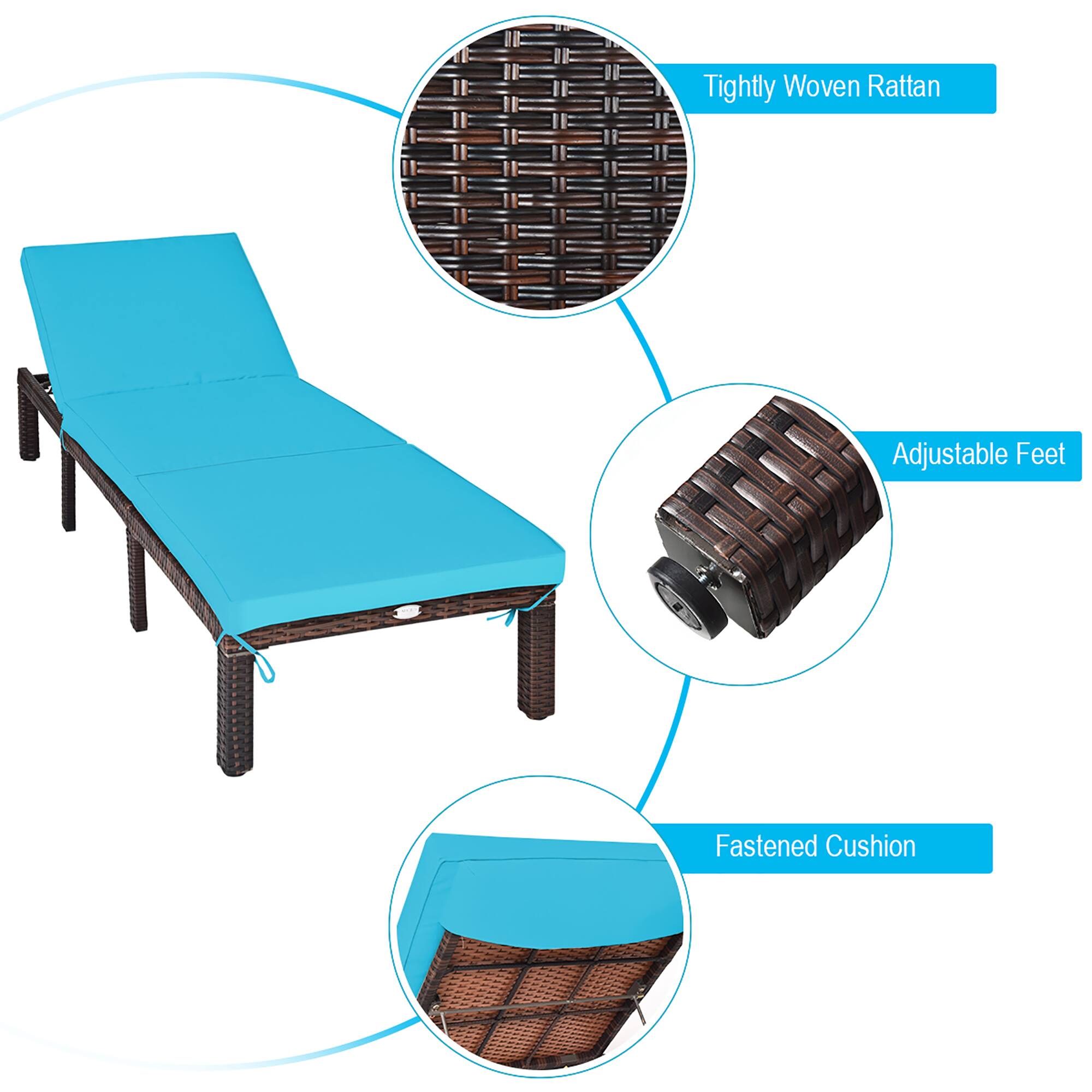The text on the image is grouped as follows:

1. Tightly Woven Rattan: This refers to the material used for the bed's frame, which is made from tightly woven rattan.
2. Adjustable Feet: This feature allows the bed to be adjusted in height, providing added comfort and support.
3. Fastened Cushion: The cushion on the bed is fastened to the bed frame, ensuring it stays in place and provides a comfortable surface for sitting or lying down.