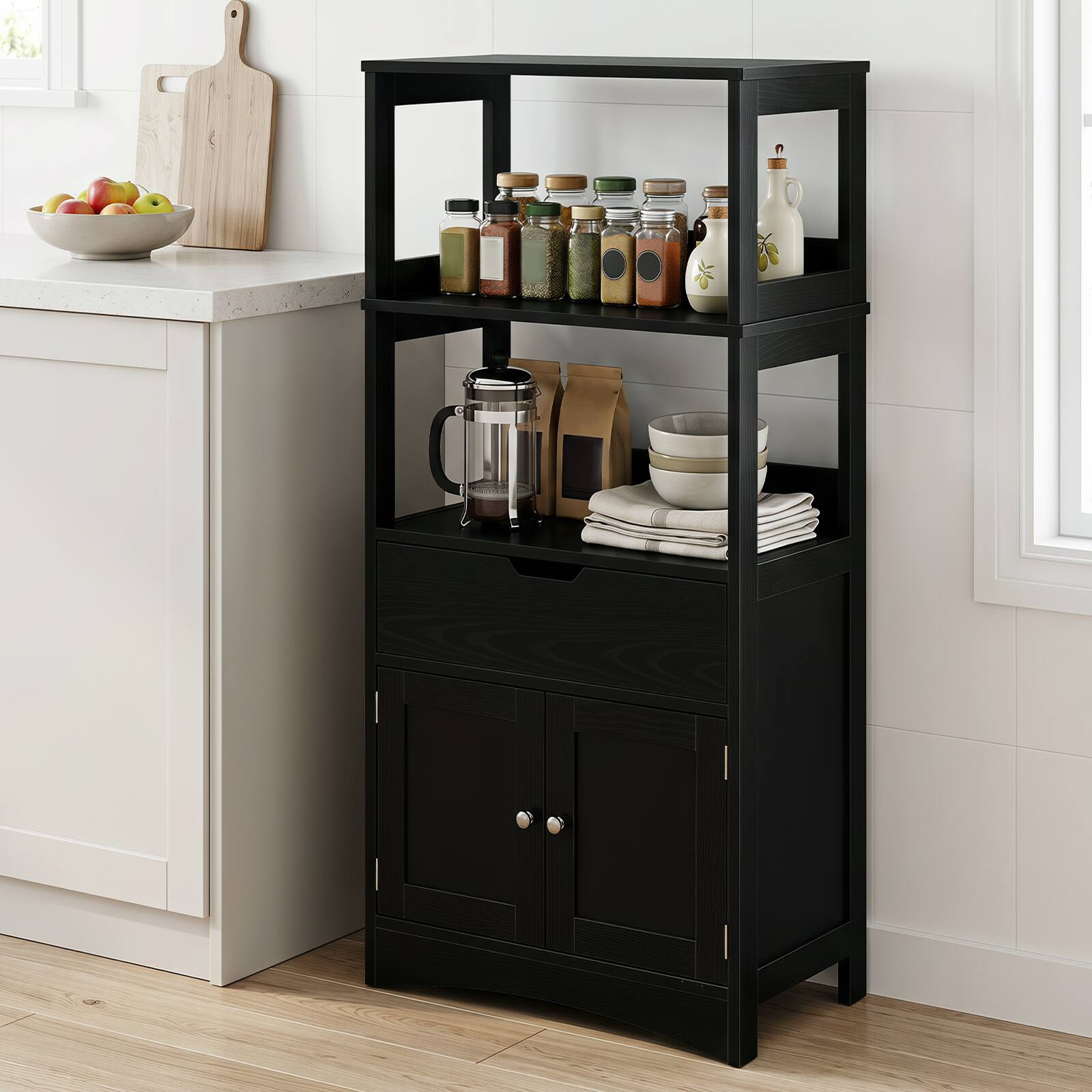 Alt View 3. Gymax - Gymax Kitchen Pantry Cabinet w/ Open Shelves Drawer & Doors Floor Storage Cabinet for Bathroom Black - Black.