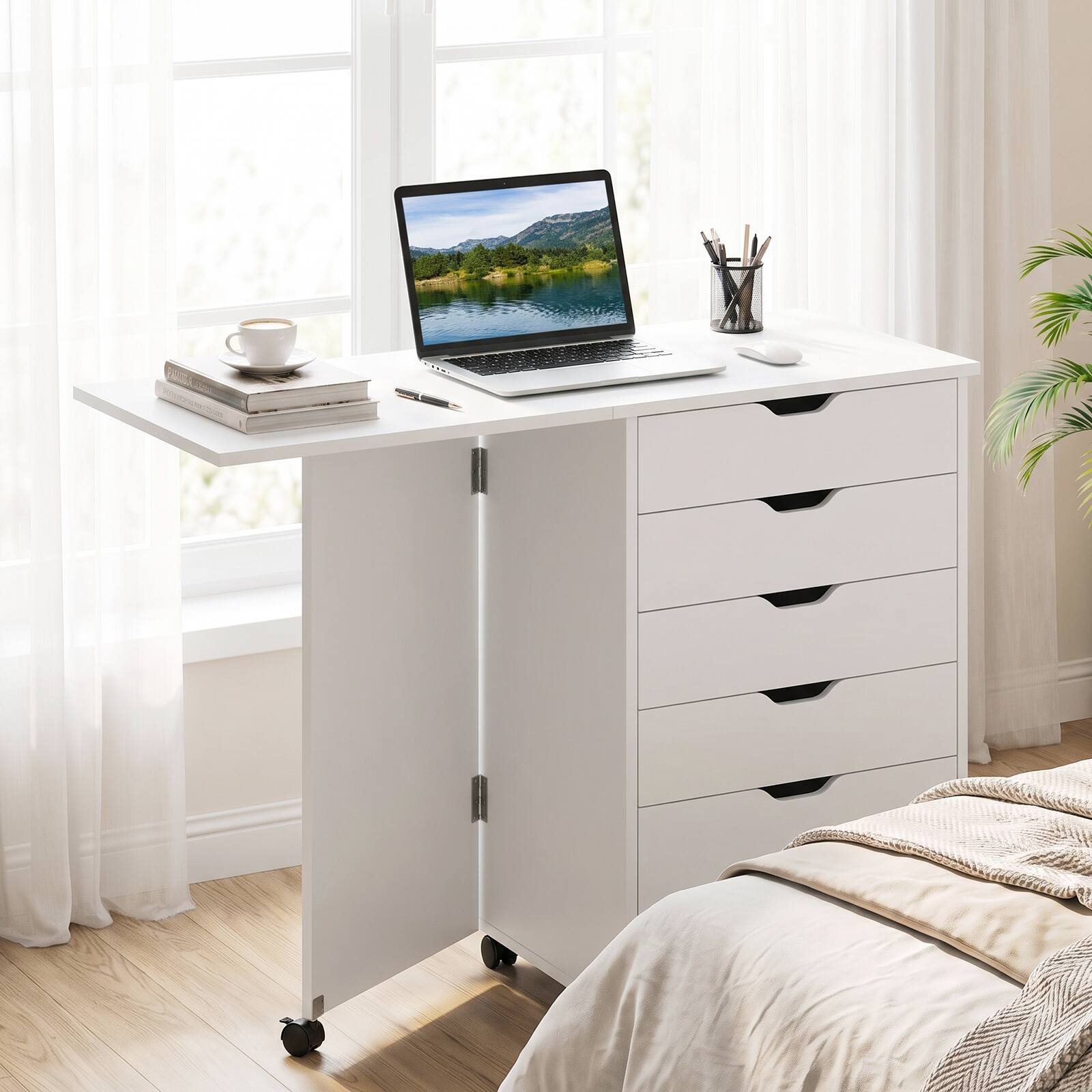 Costway Folding Desk with Storage Drawers & Wheels, Foldable Drop Leaf ...