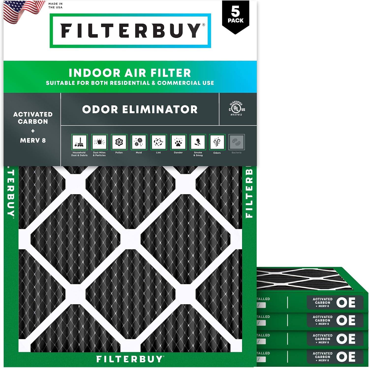 Filterbuy - 22x24x1 MERV 10 Odor & Allergy Defense, Electrostatic Pleated HVAC AC Furnace Air Filters Replacement (5-Pack) - Black