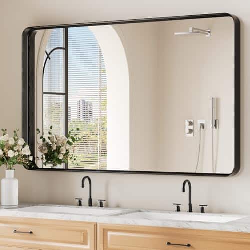 Cedar Assembly - Bathroom Mirror For Wall Matte Metal Deep Framed Rounded Corner Shatterproof Tempered Glass Farmhouse Bed - Black-30"L x 71"W