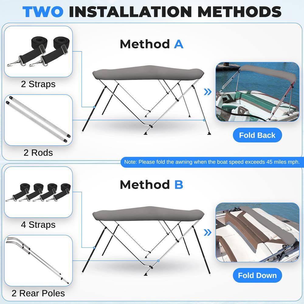 TWO INSTALLATION METHODS

Method A  
- 2 Straps  
- 2 Rods  
- Fold Back  

Note: Please fold the awning when the boat speed exceeds 45 miles mph.

Method B  
- 4 Straps  
- 2 Rear Poles  
- Fold Down