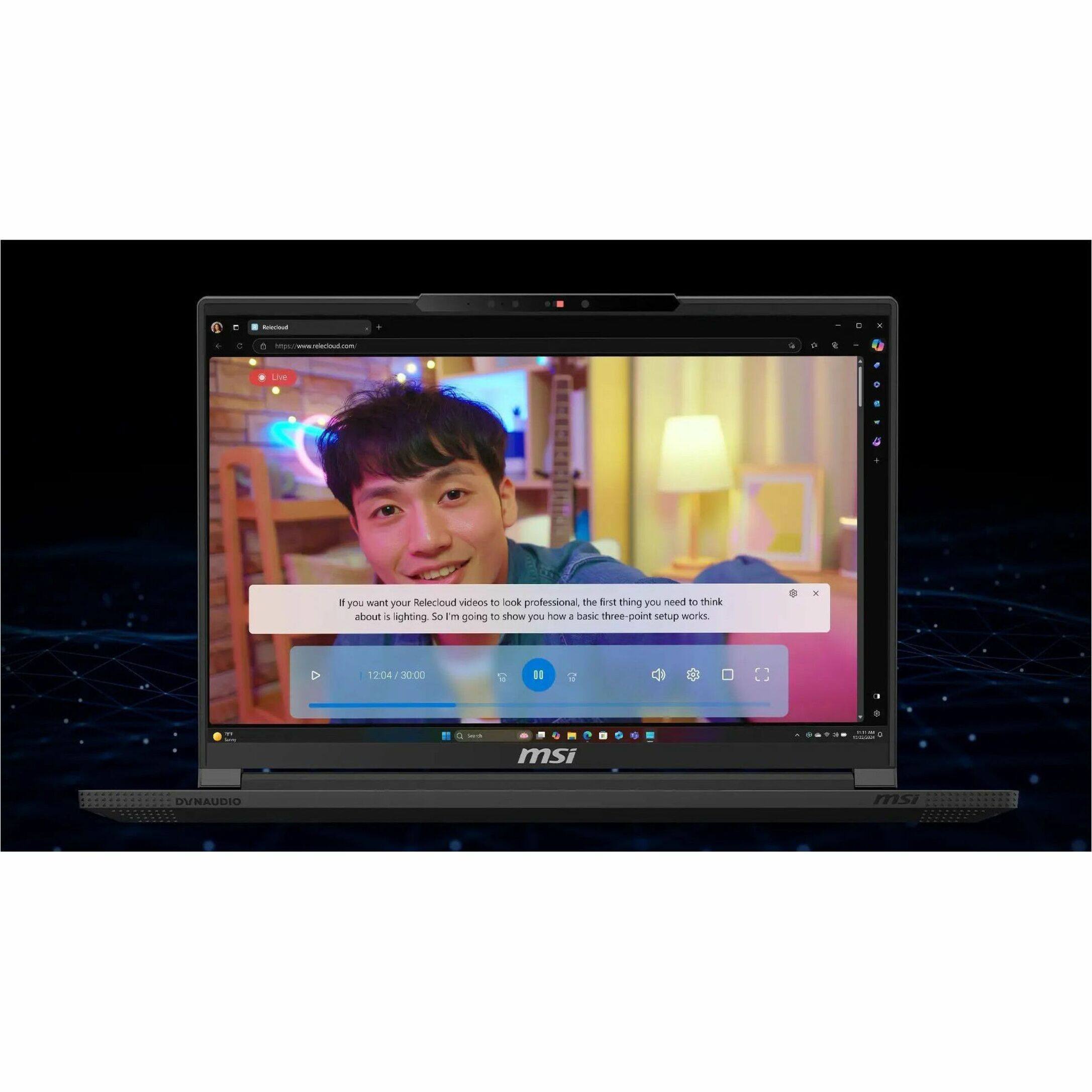 The text on the image reads: "If you want your Relecloud videos to look professional, the first thing you need to think about is lighting. So I'm going to show you now a basic three-point setup works. 1704/130:00 msi DVNAUDIO msi."