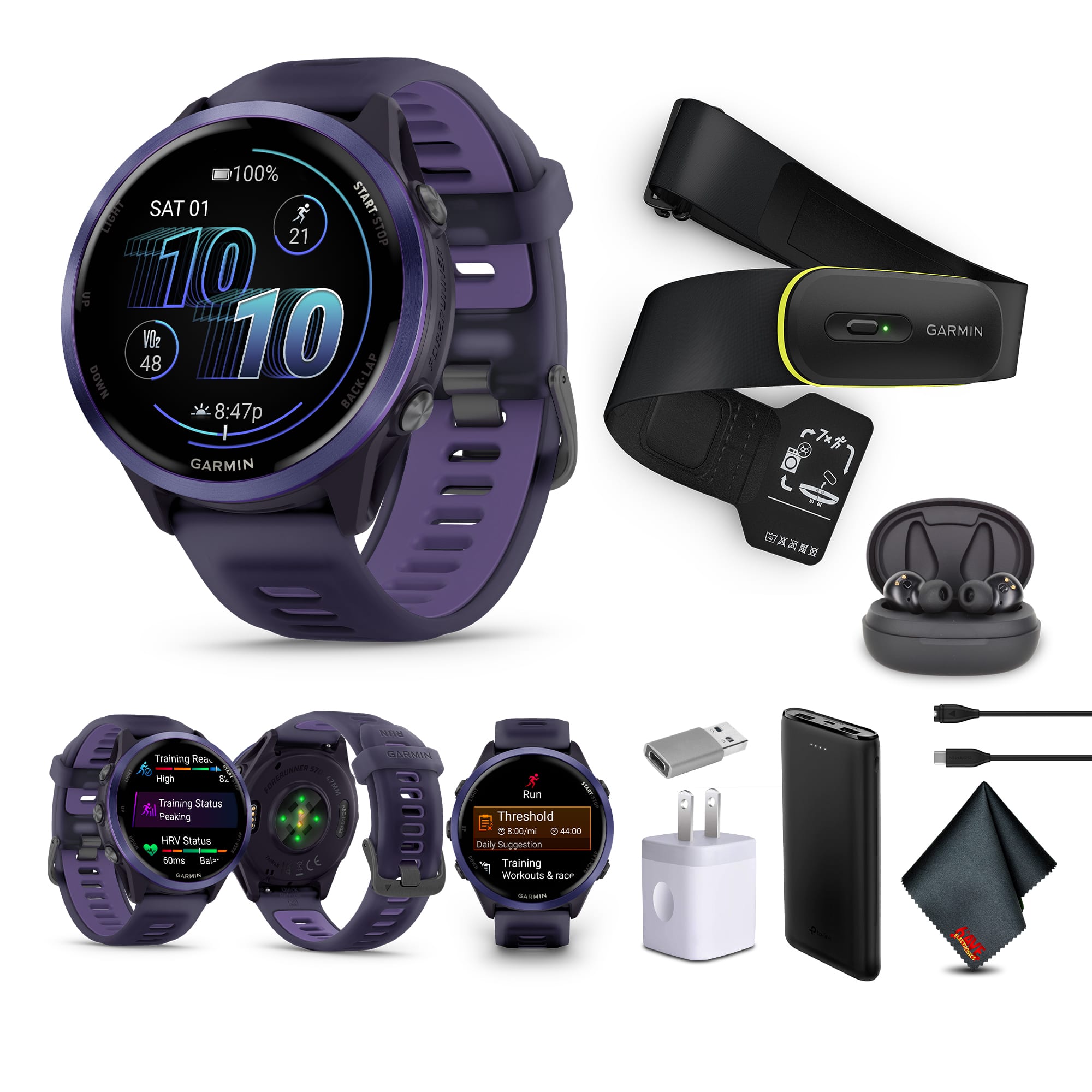 Garmin - Forerunner 570 – 47MM, Indigo Aluminum with Translucent Imperial Purple/Indigo Band​ , Air Pro EarBuds - Purple - (2025)