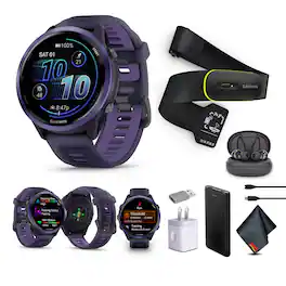 Garmin - Forerunner 570 – 47MM, Indigo Aluminum with Translucent Imperial Purple/Indigo Band , Air Pro EarBuds - Purple - (2025)