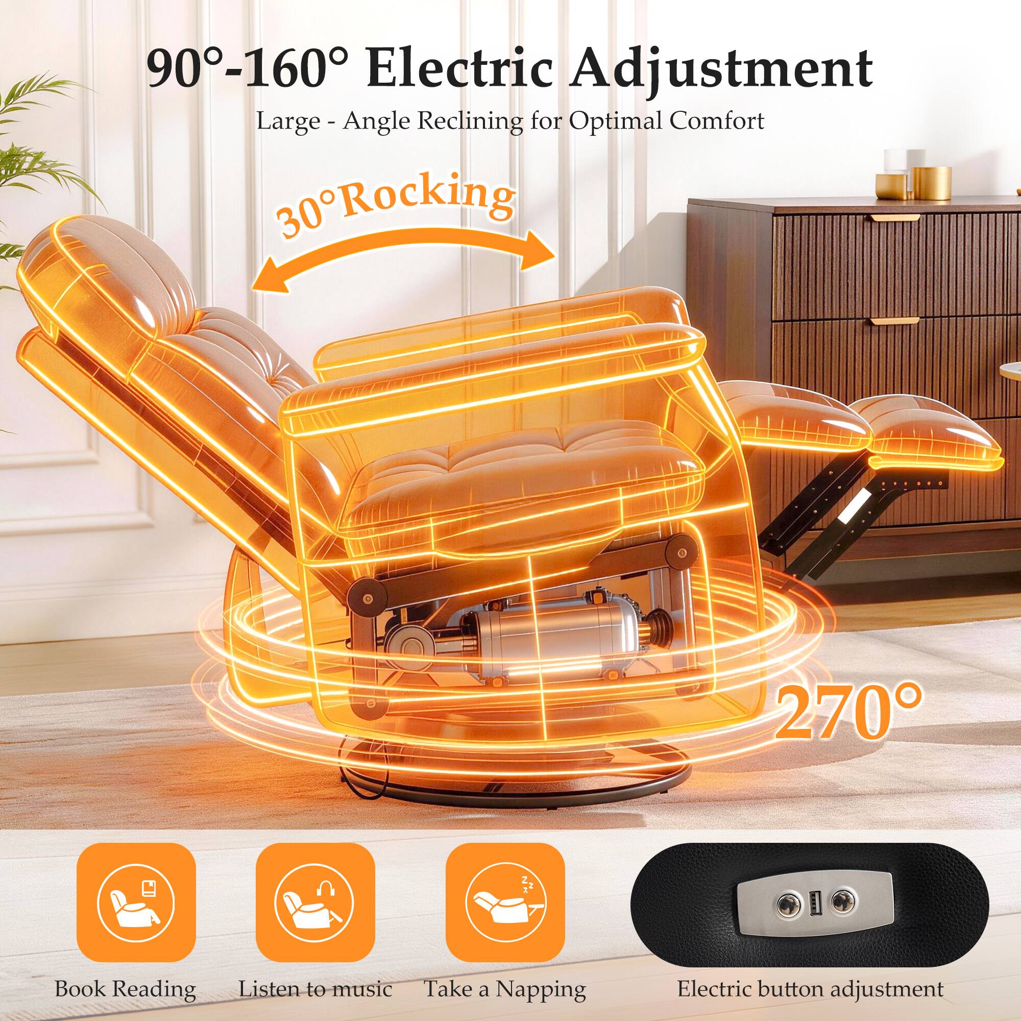 90°-160° Electric Adjustment  
Large - Angle Reclining for Optimal Comfort  
30° Rocking  
270°  
Book Reading  
Listen to music  
Take a Napping  
Electric button adjustment