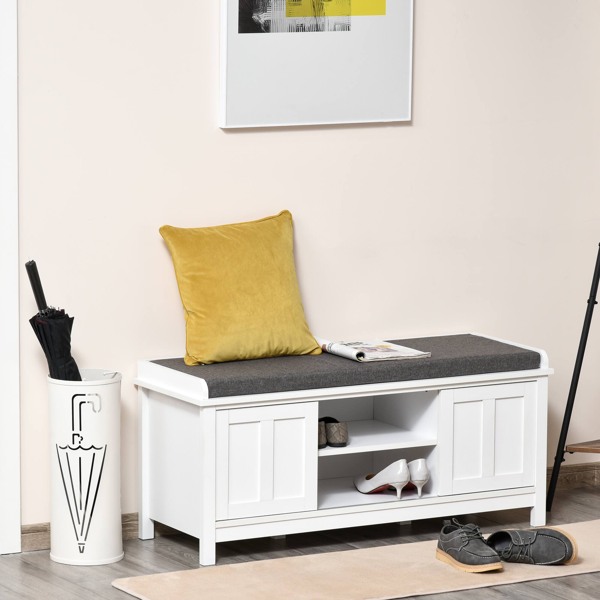 Alt View 1. Homcom - Entryway Shoe Bench Storage Ottoman with Sliding Doors, Adjustable Shelving, 6 Compartments, and Padded Seat - White.