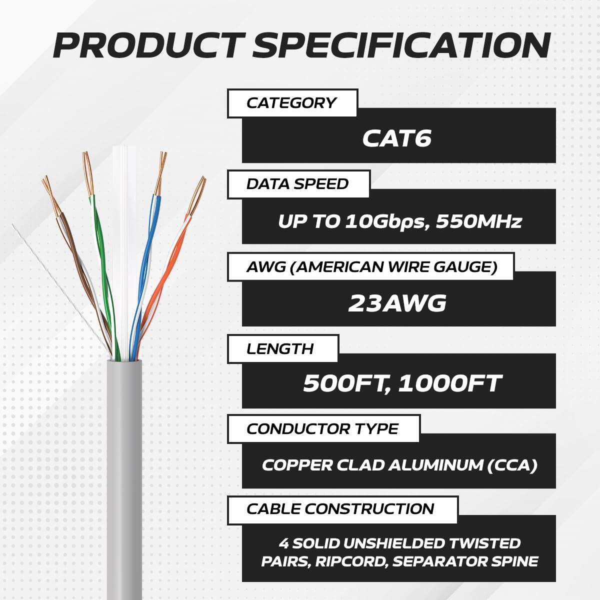 PRODUCT SPECIFICATION

CATEGORY: CAT6

DATA SPEED: UP TO 10Gbps, 550MHz

AWG (AMERICAN WIRE GAUGE): 23AWG

LENGTH: 500FT, 1000FT

CONDUCTOR TYPE: COPPER CLAD ALUMINUM (CCA)

CABLE CONSTRUCTION: 4 SOLID UNSHIELDED TWISTED PAIRS, RIPCORD, SEPARATOR SPINE