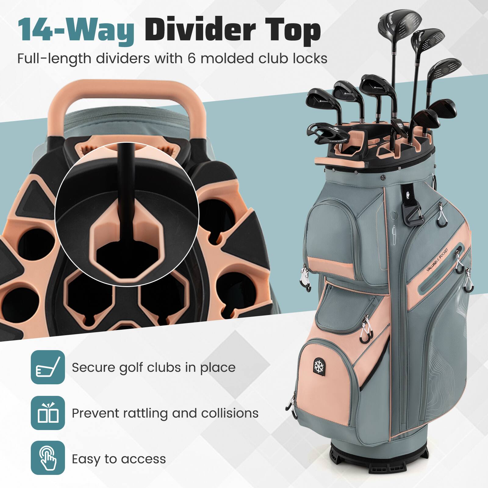 14-Way Divider Top  
Full-length dividers with 6 molded club locks  

Secure golf clubs in place  
Prevent rattling and collisions  
Easy to access
